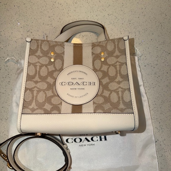 Coach small Beige Signature Jacquard Cream Leather Stripe Dempsey 22 Satchel - Picture 12 of 15
